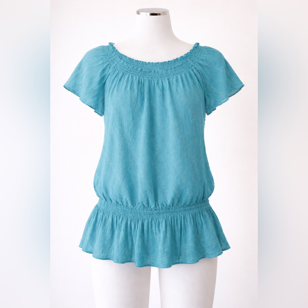 Route 66 Teal Peplum Blouse XL – Smocked Neckline Lightweight Cotton